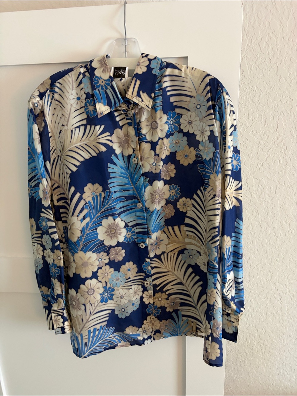 Armani Collezioni Navy Blue Floral Silk Button-Up Blouse